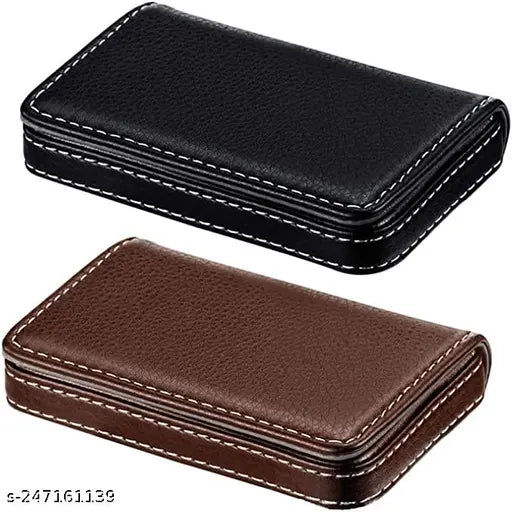 Black and Brown PU Leather Business Card Holder Set, holds 20-25 business cards, textured design, magnetic closure