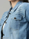 Light Blue Denim Women's Jacket, trendy stylish Teen Patti design, solid net, denim fabric, long sleeves, size S-XL