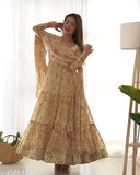 Pure Soft Fox Georgette zigzag print Anarkali with dupatta set, heavy and flaring, three-quarter sleeves, padded, side zipper, Indian-made, 7m+ length