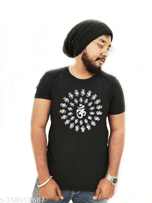 Glow-in-dark cotton T-shirt with printed Om symbol, neon greenish glow, short sleeves, size M (38 in chest, 29.5 in length). Made in India