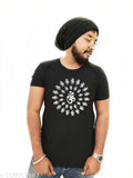 Glow-in-dark cotton T-shirt with printed Om symbol, neon greenish glow, short sleeves, size M (38 in chest, 29.5 in length). Made in India