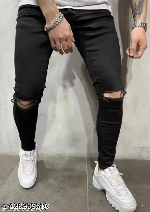 Black denim knee-cut jeans, narrow fit party wear, cotton poly stretch, India originals