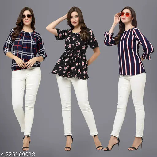 Indian-made Miss AYSE women's crepe printed tunic top with three-quarter sleeves - S to XXL sizes