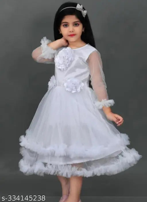 Pretty pink princess dress for girls, embellished net with three-quarter sleeves. (Size: 2-3Y, 3-4Y, etc.) Made in India