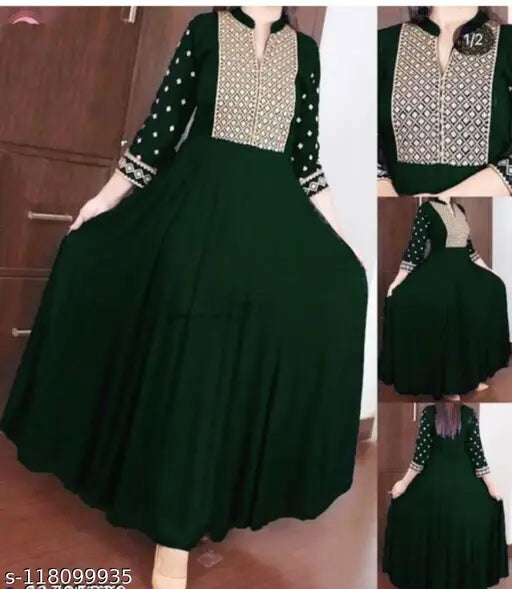 Green, long skirt with embroidered hem