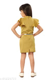 Yellow cotton short-sleeve sundress with flared skirt and tie waistband
