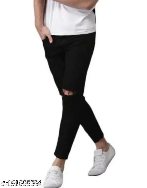 Men's cotton blend knee-cut jeans, solid-colored, perfect fit for any occasion. [Solid color, cotton blend jeans]