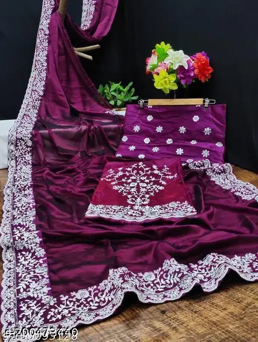 Georgette embroidered purple sari with separate blouse, trending Bollywood party wear for women