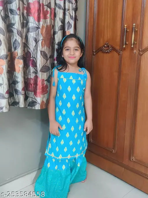 Cotton sleeveless sharara top with vibrant prints and gota lace, trendy for young girls aged 12 months to 9 years. Made in India