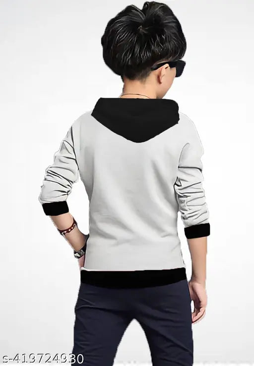 Kids/Boys Printed Hooded Neck Regular Fit Full Sleeves Cotton Blend Grey T-Shirt