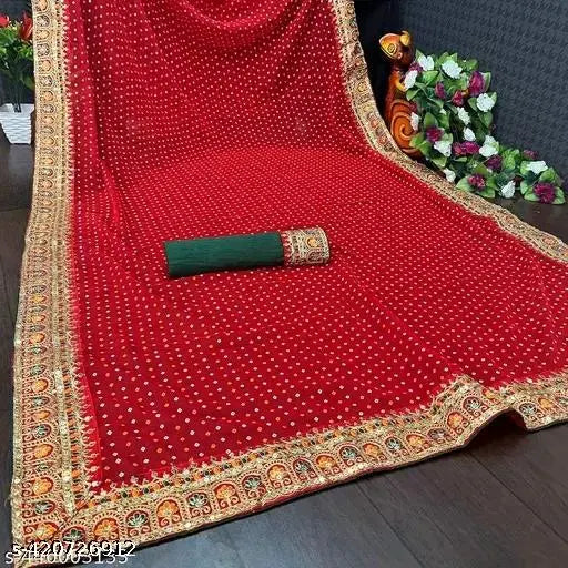 Red traditional sari with patterned border, silk fabric, new edition