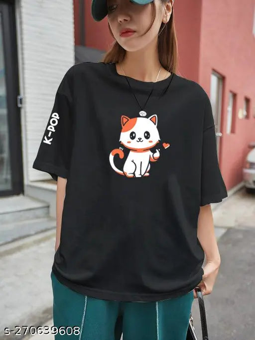 Women's oversized KPOP cat t-shirt black