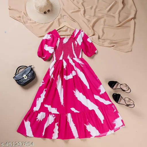 Brown rayon puff sleeve midi dress, smocked and elastic, western wear for women
