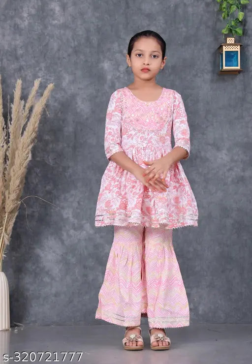 Embroidered rayon Kids Kurti Sarara with dupatta in sharara style, floor length, three-quarter sleeves. Size options: 4-5yrs, 6-7yrs, 8-9yrs, 10-11yrs, 12-13yrs. Indian traditional wear