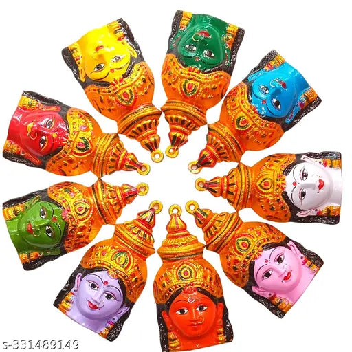 Set of nine colorful terracotta Hindu deity faces, each with unique headgear and accessories, in decorative circular arrangement