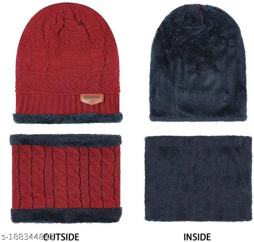 Woolen winter cap set for men & women with gloves and neck muffler, knitted beanie hat and scarf. Soft, fur net patterned, hand wash only." (108 characters)