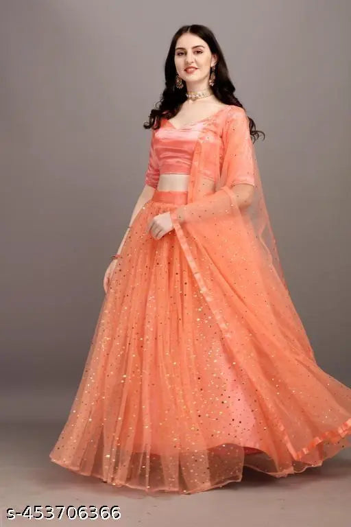 Trendy running fashion net Bollywood-style pitch color lehenga choli, semi-stitched with unstitched blouse and dupatta. Satin blouse, net lehenga, embellished dupatta. Free size, 42 inch waist, 43 inch length, 70 inch dupatta length. Indian origin