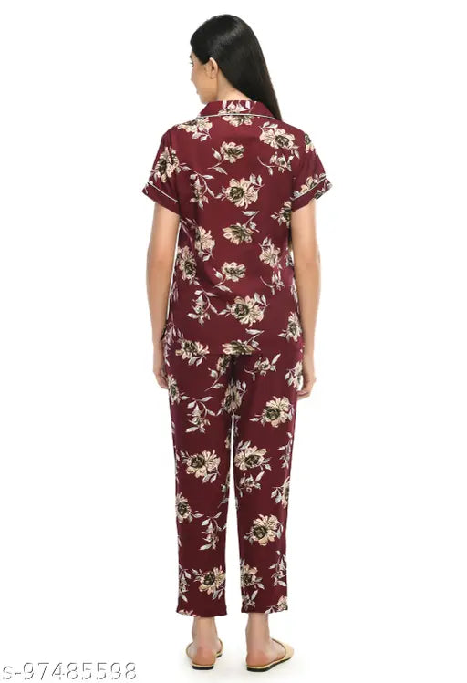 Printed poly crepe womens night suit: shirt & pyjama set with short sleeves, collared neck, elasticated waistband - India