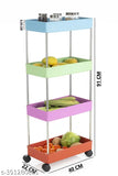 A plastic four shelf kitchen trolley, colorful with fruits and vegetables on display