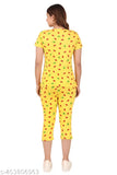 Cotton blend capri set with printed night suit t-shirt for women, elasticated waistband and drawstring closure. Indian origin