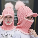 Wool beanie hat - CAT PICK CAP GIRL, warm winter knit for women & girls with attached neck cover & mask, fur-lined, India origin