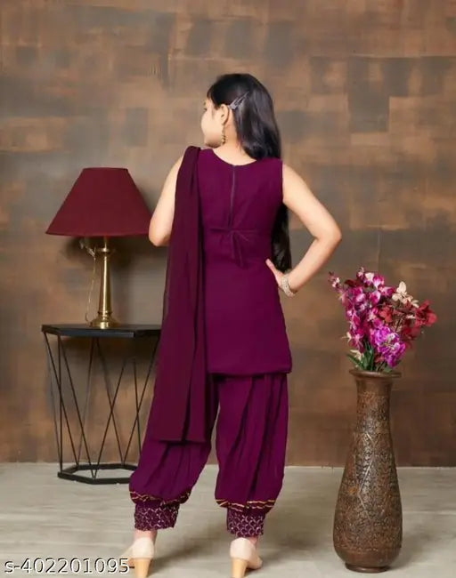 Georgette embroidered A-line kurta set with dupatta for 5-6 year old kids, Indian traditional clothing on display