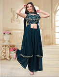 A stylish Indian western ethnic kurti and palazzo set in navy blue, with intricate sequined embroidery, designed for all occasions