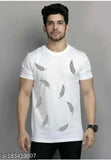 White cotton blend mens leaf print slim fit t-shirt on hanger, casual botanical design for summer