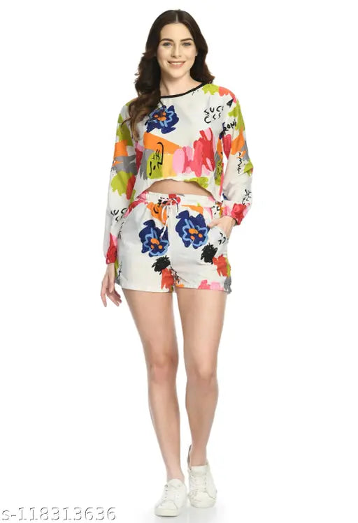 Urbane Retro Women's Pink & White Polyester Night Suit: Crop top with round neck and long sleeves, abstract print shorts with slip-on closure - comfortable nightwear for a good sleep, made in India