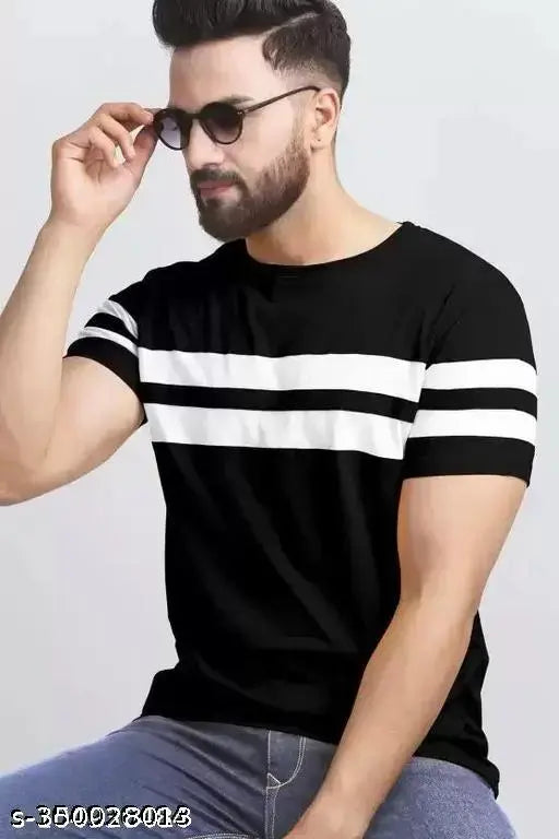 Classic Modern men's striped polycotton short-sleeve t-shirt, S-XL sizes with chest measurements provided