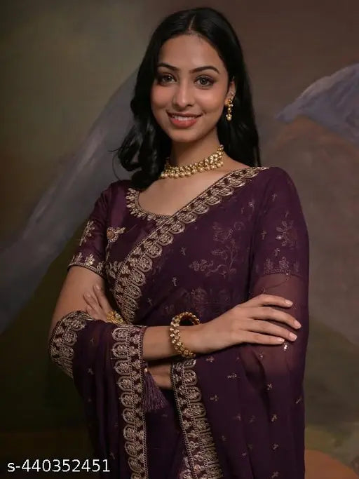 Purple embellished sequin georgette saree