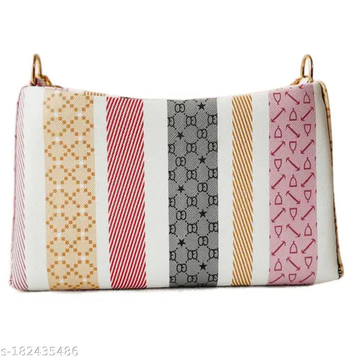 Red and white patterned sling bag with long strap, perfect for girls
