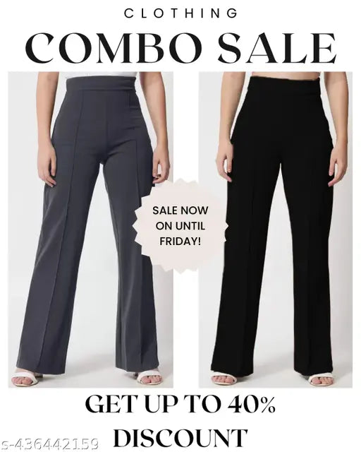Vintage high waist bellbottom trousers for women, two pant combo in black