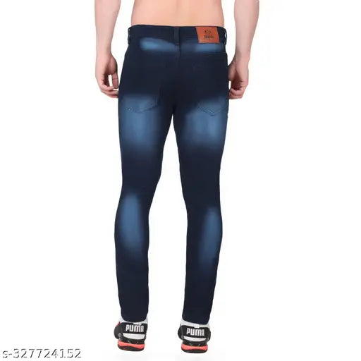 Dark blue denim men's ruffle jeans, high-quality stretchable and distressed wash design for casual, evening, or party wear. Sizes available: 28 (30 waist, 40 length, 31 hip), 30 (32 waist, 40 length, 33 hip), 32 (35 waist, 40 length, 35 hip), 34 (37 waist, 40 length, 37 hip). Origin: India