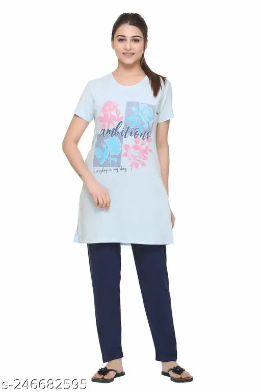 Women's cotton printed round neck regular fit long top & pyjama nightsuit set, vibrant pattern for comfortable sleepwear, India origin