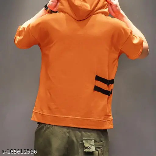Orange cotton abstract hoodie for men by Eyebogler, lightweight and breathable