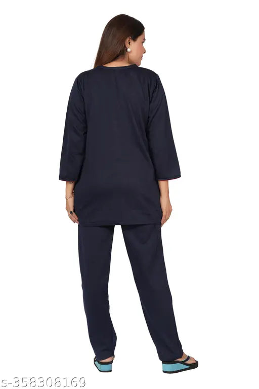 Woolen fleece winter nightwear top and pyjama with pocket, embroidered net design, super soft fabric for comfort, ideal winters gift for women