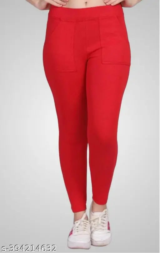 Cotton blend DRSTI women's jeggings pok-2 in stylish xombro black and red, featuring a solid pattern. Two pairs available for sizes: 28, 30, 32, 34, free size. Made in India