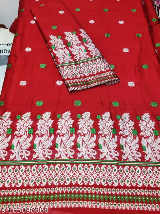 Premium red cotton mekhela chador with green border