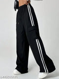 Black four pocket wide-leg pants, with white stripes, soft fabric.s442509070
