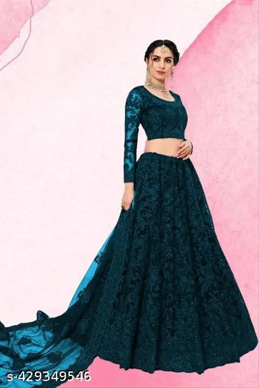 Embroidered net lehenga-choli set, semi-stitched elegance for women, Indian handcrafted embroidery