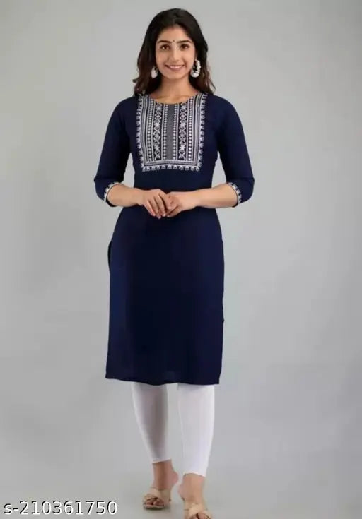 A dark blue straight kurta with viscose rayon fabric and white embroidery