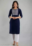 A dark blue straight kurta with viscose rayon fabric and white embroidery