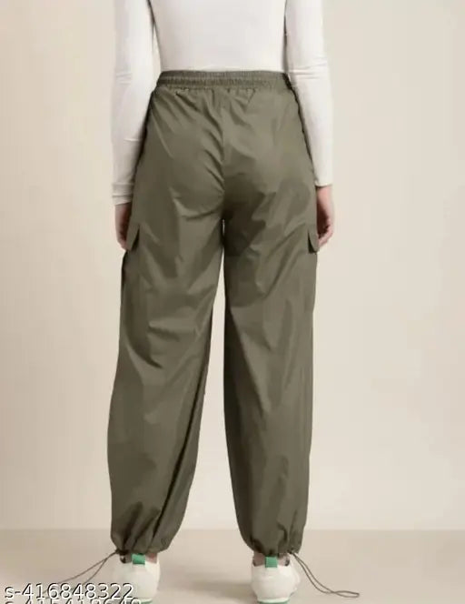 Olive green retro women's relaxed fit high waist pants with a drawstring waistband