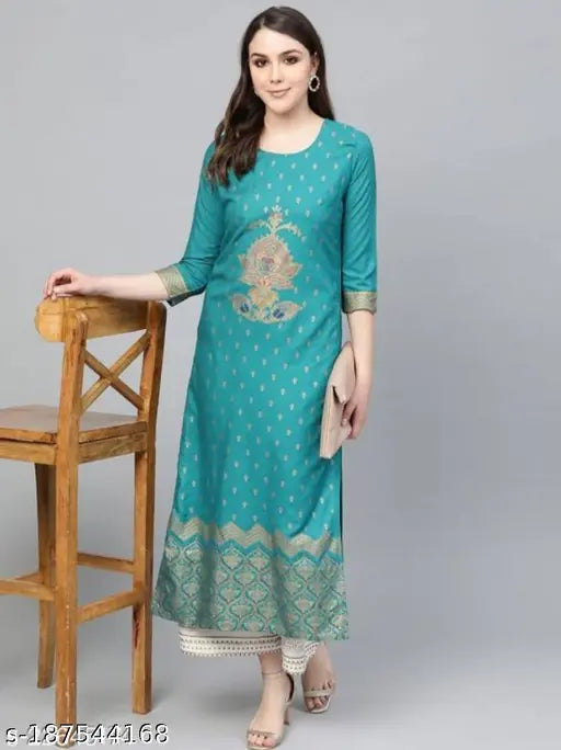 Green cotton kurta set with palazzo for girls, three-quarter sleeves, printed net design, single size XXL. Indian ethnic wear for special occasions like weddings, Mehndi functions, or office parties