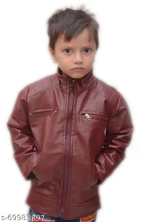Boys jacket, waterproof, red leather, zipper front, low price, youthful style