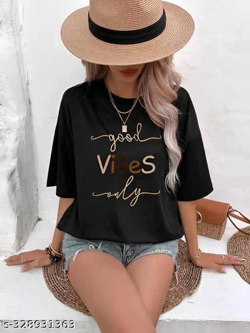 Black printed oversized round neck t-shirt for women