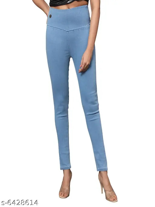 Denim skinny fit, high waist elastic jeggings in solid skyblue-grey for women - pack of 2, black and blue sizes available