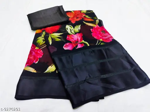 Black and red satin pattta saree with flower print, 3m width