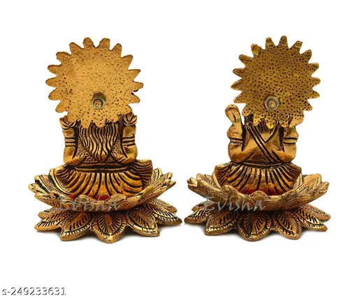 Antique finish, golden metal Ganesh-Lakshmi Idol pair for temple decor or home, handcrafted in India